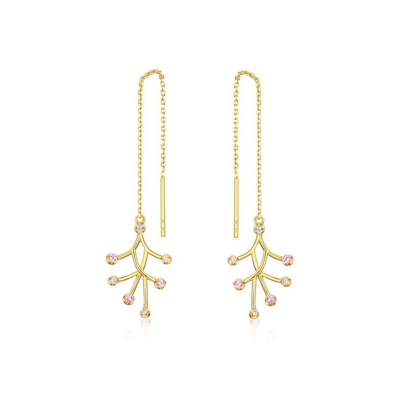 Branch Shaped S925 Sterling Silver Pink Zircon Earrings with 9k Yellow Gold Plating [710E005867]